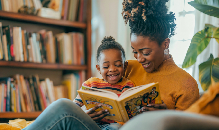 Black mom reading a book to black daughter while receiving outpatient treatment for substance abuse and mental health